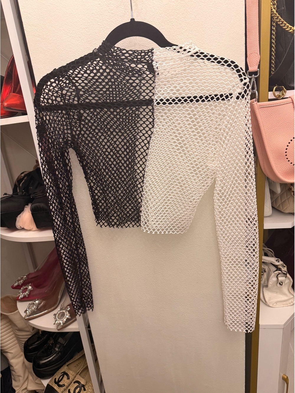 SHEIN Black and White Mesh Long Sleeve Crop Top Size M